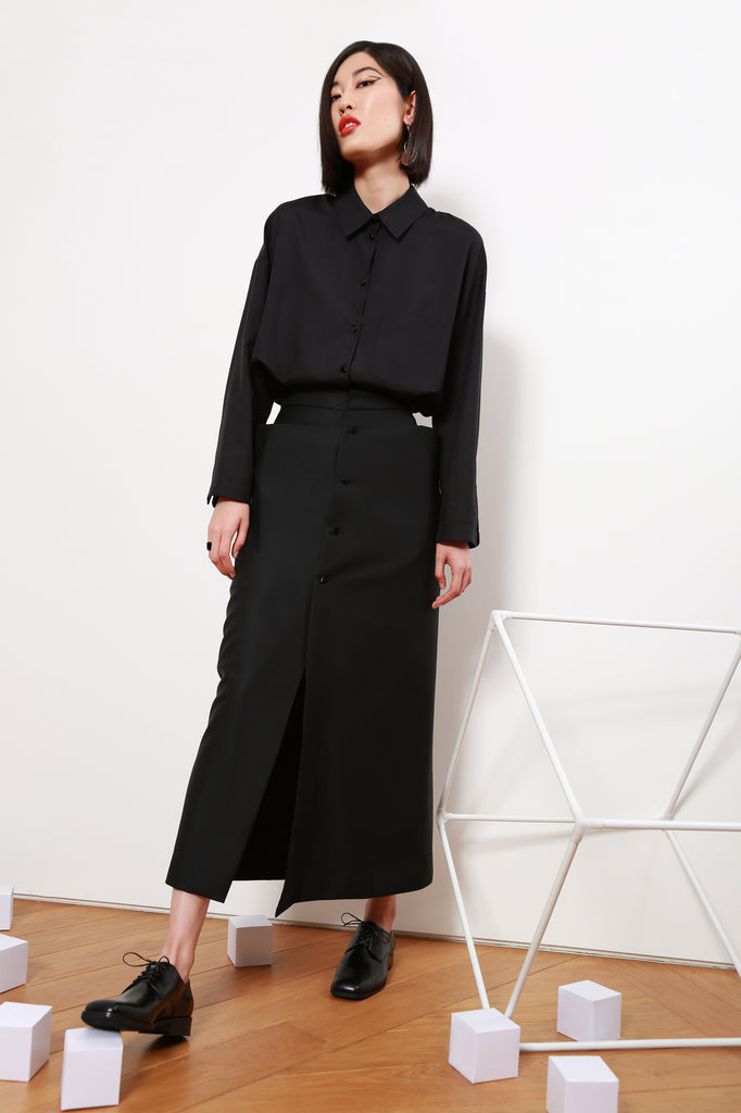 STEPANOVA maxi buttoned-up skirt with square pockets in wool