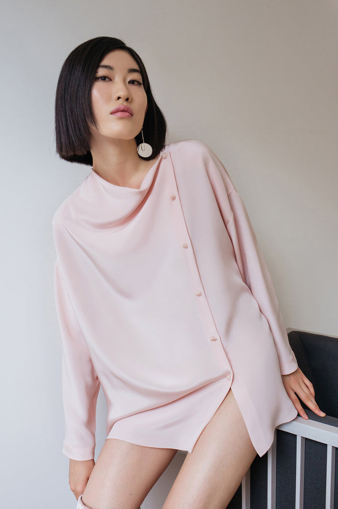 RUBAKHA oversized silk shirt with a side opening and a drape